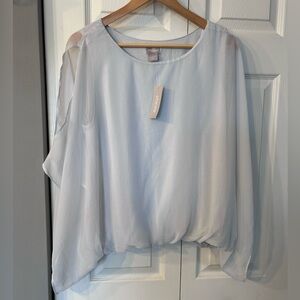 Chico's bubble‎ hem blouse in mineral gray cold shoulder size 12-14 petite